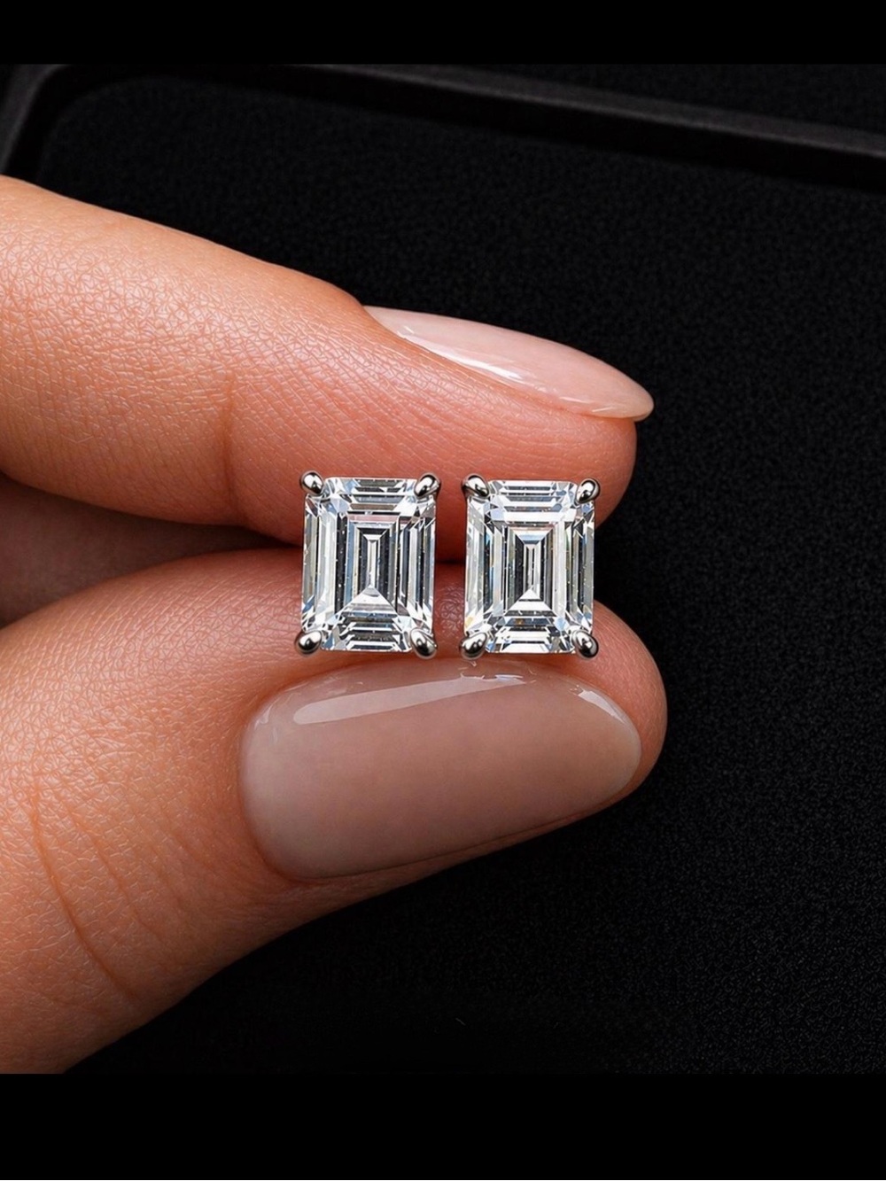 Emerald-Cut 2 ct Moissanite Clear Stone Stud Earrings - Sterling Silver - Picture 1 of 7